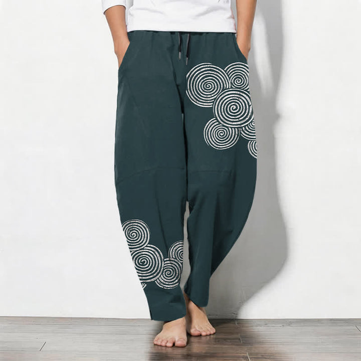 Buddha Stones Pantalon fuselé pour homme en pur coton, à cordon de serrage et poches, motif spirale concentrique. - DarkCyan - US/UK/AU50，EU60 (5XL) - image 11