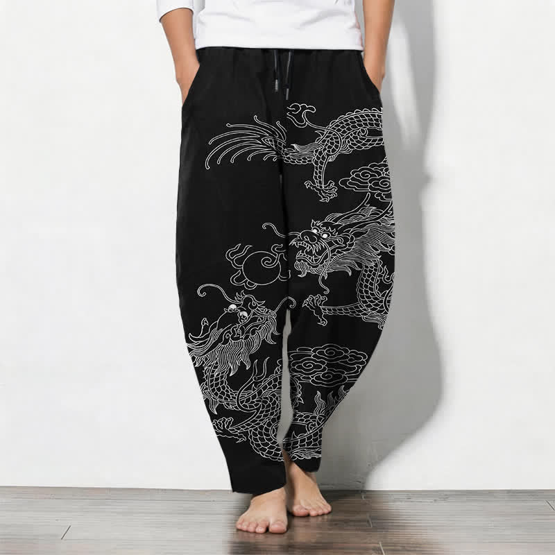 Buddha Stones Pantalon fuselé pour homme en pur coton, motif dragon impérial, cordon de serrage et poches - Noir - US/UK/AU50，EU60 (5XL) - image 0