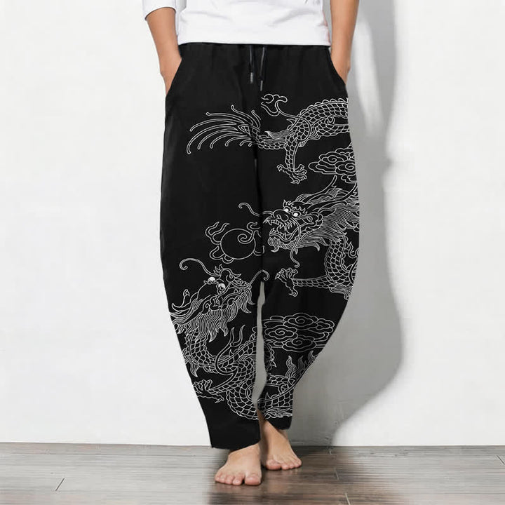 Buddha Stones Pantalon fuselé pour homme en pur coton, motif dragon impérial, cordon de serrage et poches - Noir - US/UK/AU50，EU60 (5XL) - image 0