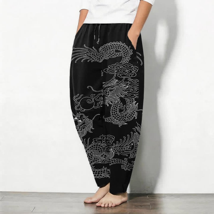 Buddha Stones Pantalon fuselé pour homme en pur coton, motif dragon impérial, cordon de serrage et poches - image 1