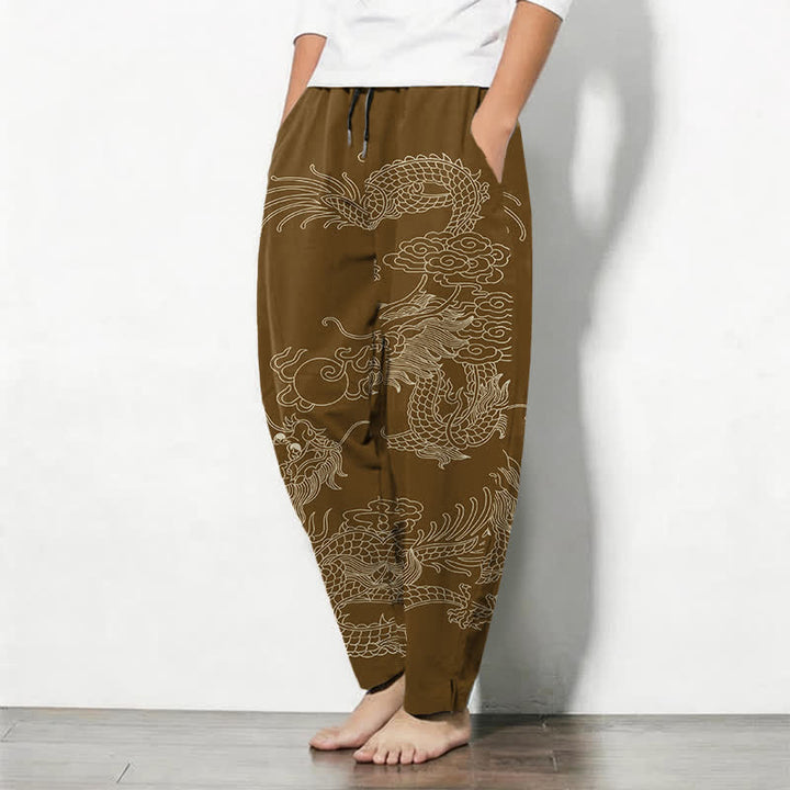 Buddha Stones Pantalon fuselé pour homme en pur coton, motif dragon impérial, cordon de serrage et poches - image 12