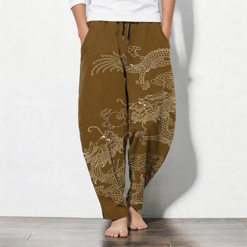 Buddha Stones Pantalon fuselé pour homme en pur coton, motif dragon impérial, cordon de serrage et poches - Pérou - US/UK/AU50，EU60 (5XL) - image 11