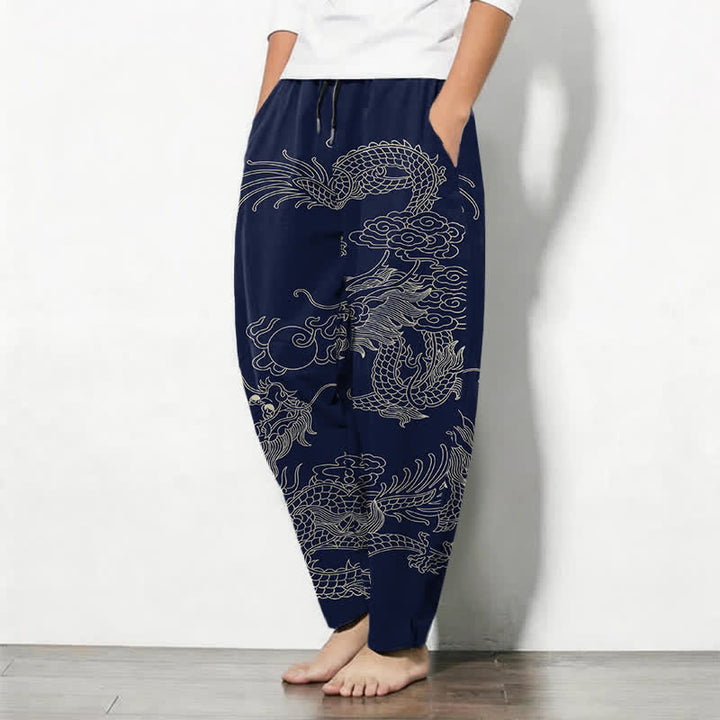Buddha Stones Pantalon fuselé pour homme en pur coton, motif dragon impérial, cordon de serrage et poches - image 8