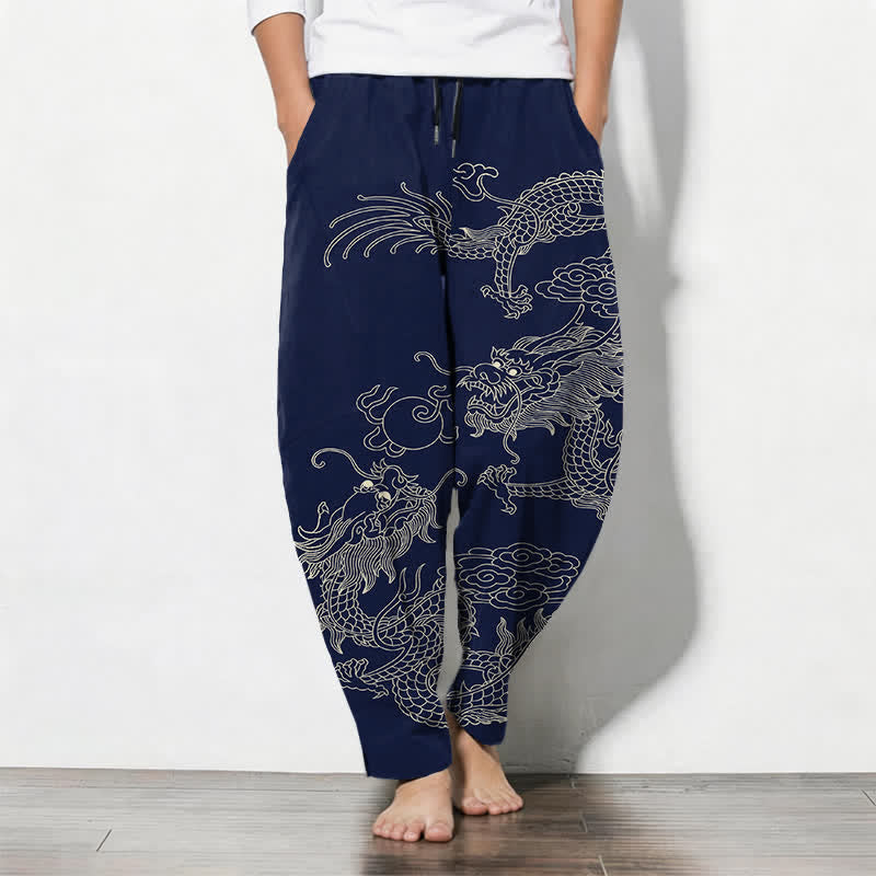 Buddha Stones Pantalon fuselé pour homme en pur coton, motif dragon impérial, cordon de serrage et poches - Marine - US/UK/AU50，EU60 (5XL) - image 7