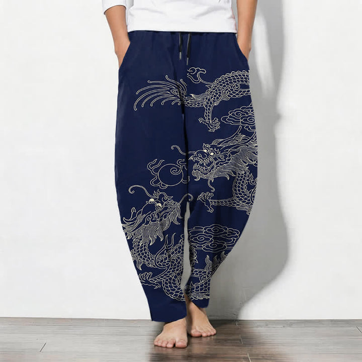 Buddha Stones Pantalon fuselé pour homme en pur coton, motif dragon impérial, cordon de serrage et poches - Marine - US/UK/AU50，EU60 (5XL) - image 7