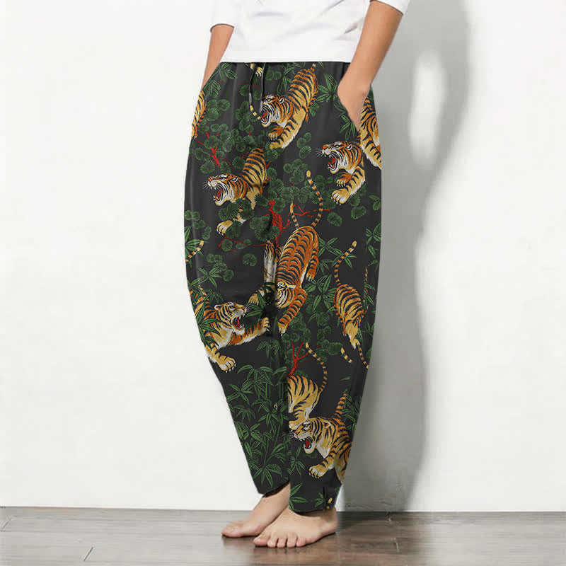 Buddha Stones Pantalon fuselé pour homme en pur coton, motif feuille de bambou tigre, cordon de serrage et poches - image 1
