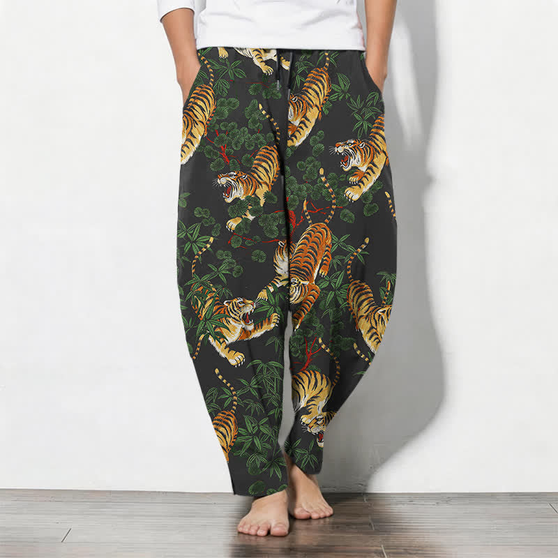 Buddha Stones Pantalon fuselé pour homme en pur coton, motif feuille de bambou tigre, cordon de serrage et poches - Noir - US/UK/AU50，EU60 (5XL) - image 0