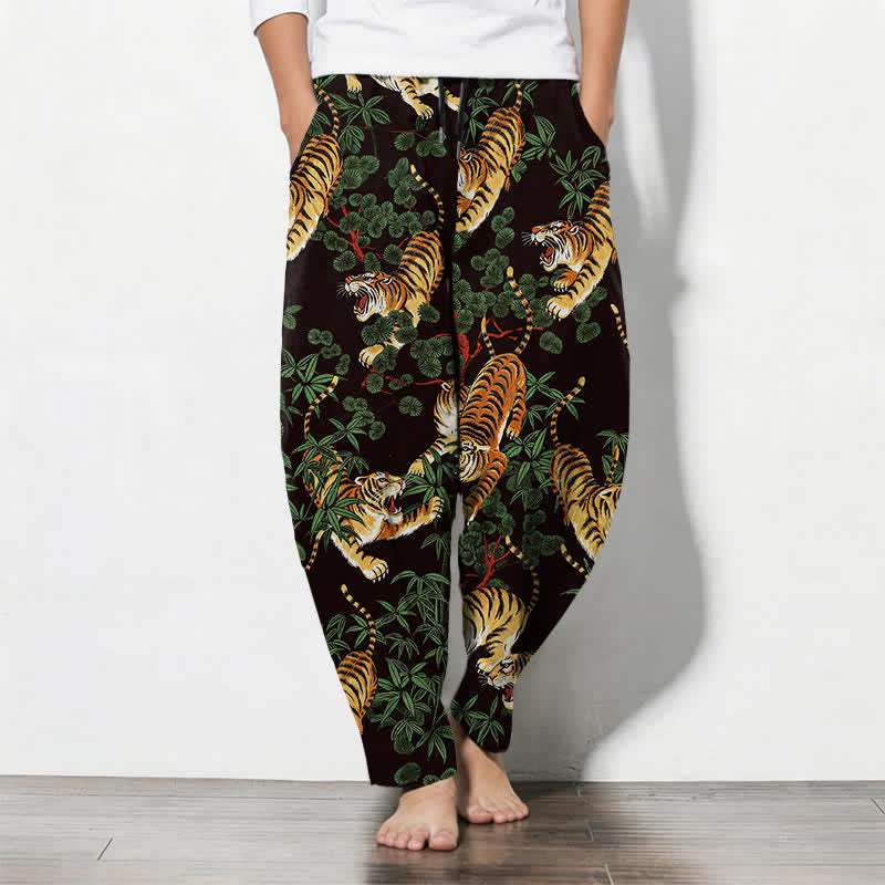 Buddha Stones Pantalon fuselé pour homme en pur coton, motif feuille de bambou tigre, cordon de serrage et poches - SaddleBrown - US/UK/AU50，EU60 (5XL) - image 7