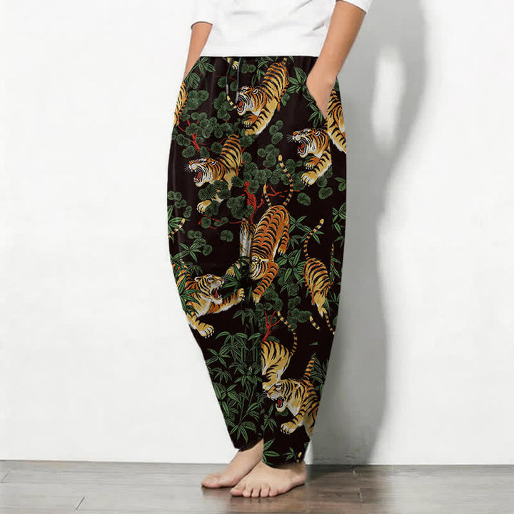 Buddha Stones Pantalon fuselé pour homme en pur coton, motif feuille de bambou tigre, cordon de serrage et poches - image 8
