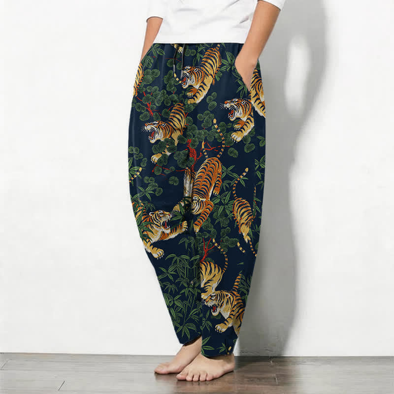 Buddha Stones Pantalon fuselé pour homme en pur coton, motif feuille de bambou tigre, cordon de serrage et poches - image 12