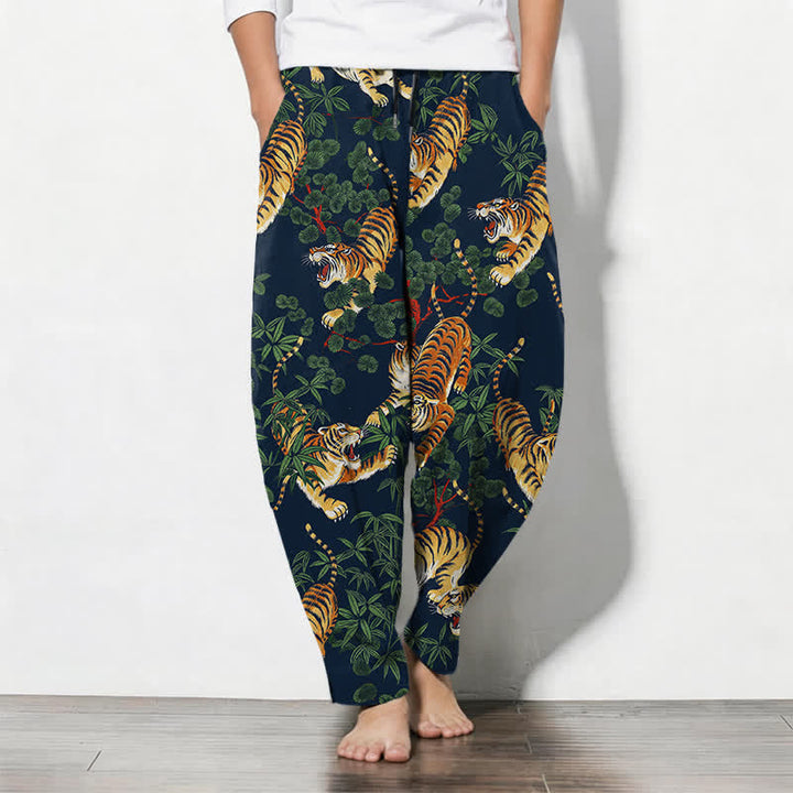 Buddha Stones Pantalon fuselé pour homme en pur coton, motif feuille de bambou tigre, cordon de serrage et poches - Marine - US/UK/AU50，EU60 (5XL) - image 11
