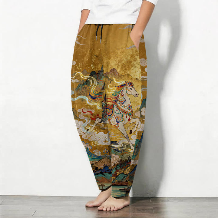 Buddha Stones Pantalon fuselé pour homme en pur coton, motif cheval blanc, cordon de serrage et poches - image 1