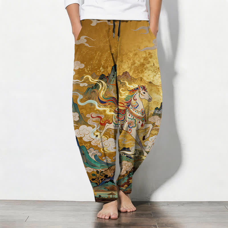 Buddha Stones Pantalon fuselé pour homme en pur coton, motif cheval blanc, cordon de serrage et poches - verge d'or - US/UK/AU50，EU60 (5XL) - image 0