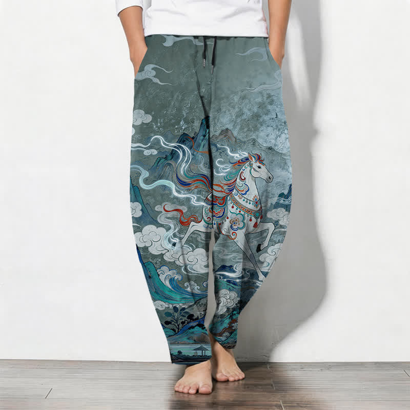 Buddha Stones Pantalon fuselé pour homme en pur coton, motif cheval blanc, cordon de serrage et poches - CadetBlue - US/UK/AU50，EU60 (5XL) - image 7