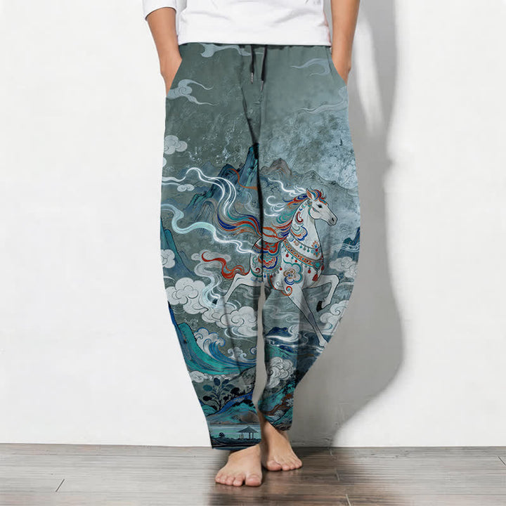 Buddha Stones Pantalon fuselé pour homme en pur coton, motif cheval blanc, cordon de serrage et poches - CadetBlue - US/UK/AU50，EU60 (5XL) - image 7