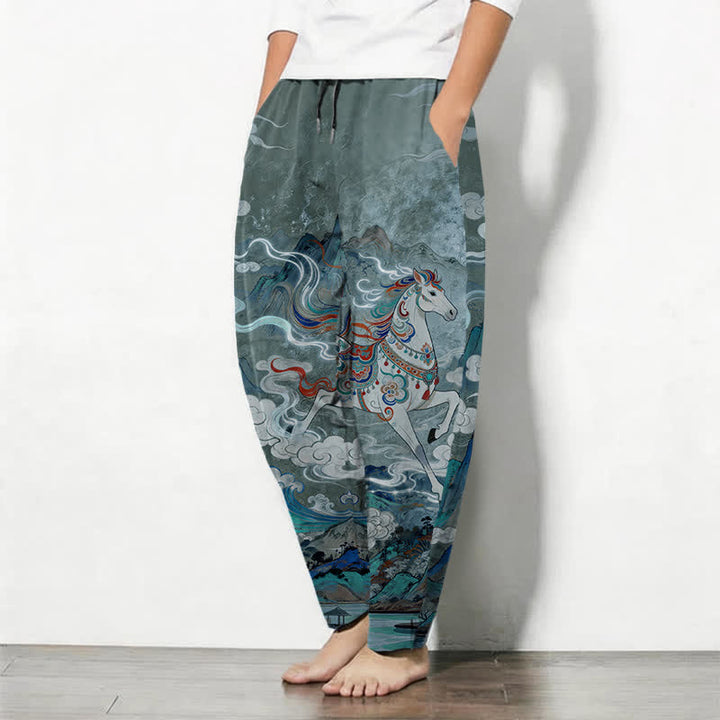 Buddha Stones Pantalon fuselé pour homme en pur coton, motif cheval blanc, cordon de serrage et poches - image 8