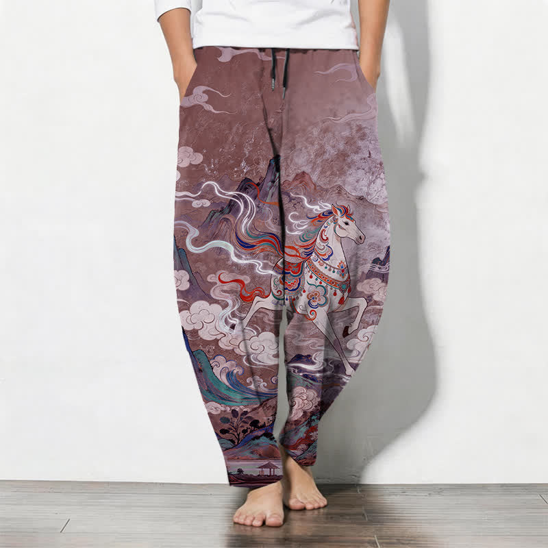 Buddha Stones Pantalon fuselé pour homme en pur coton, motif cheval blanc, cordon de serrage et poches - Prune - US/UK/AU50，EU60 (5XL) - image 11