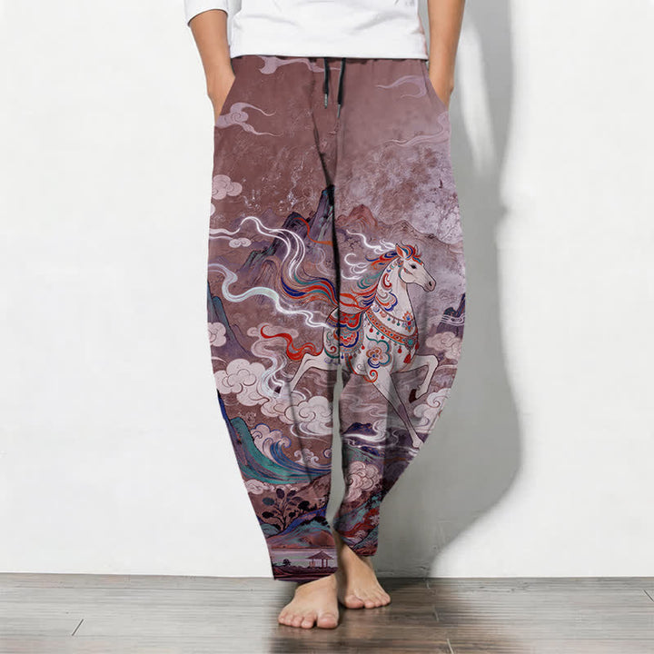 Buddha Stones Pantalon fuselé pour homme en pur coton, motif cheval blanc, cordon de serrage et poches - Prune - US/UK/AU50，EU60 (5XL) - image 11