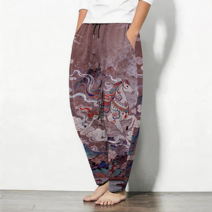 Buddha Stones Pantalon fuselé pour homme en pur coton, motif cheval blanc, cordon de serrage et poches - image 12