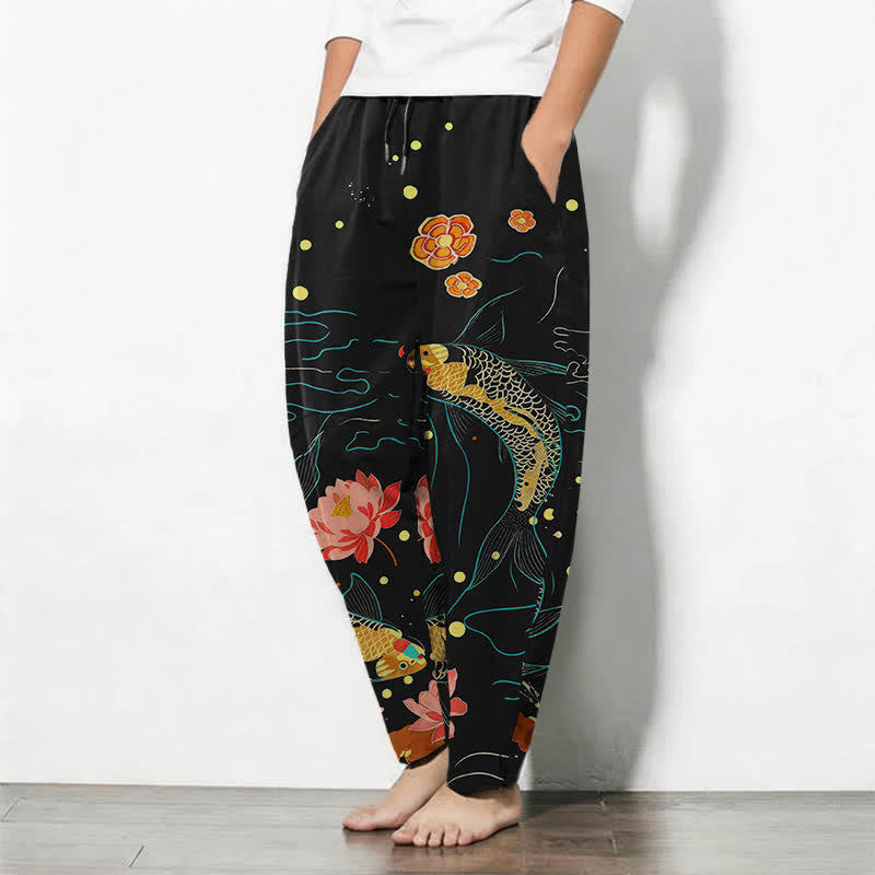Buddha Stones Pantalon fuselé pour homme en pur coton, motif vagues de lotus et carpes koï dorées, cordon de serrage et poches - image 1