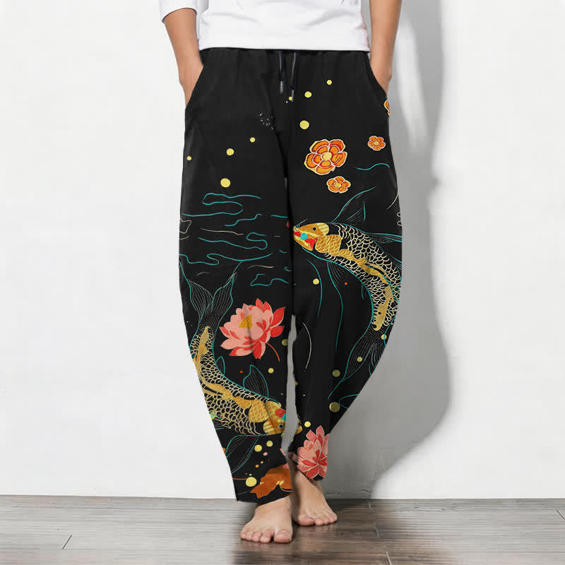 Buddha Stones Pantalon fuselé pour homme en pur coton, motif vagues de lotus et carpes koï dorées, cordon de serrage et poches - Noir - US/UK/AU50，EU60 (5XL) - image 0