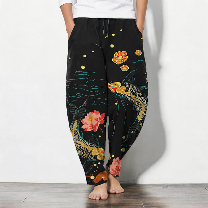 Buddha Stones Pantalon fuselé pour homme en pur coton, motif vagues de lotus et carpes koï dorées, cordon de serrage et poches - Noir - US/UK/AU50，EU60 (5XL) - image 0