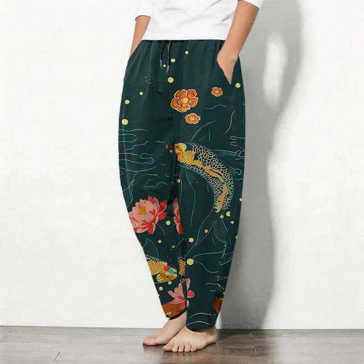 Buddha Stones Pantalon fuselé pour homme en pur coton, motif vagues de lotus et carpes koï dorées, cordon de serrage et poches - image 8