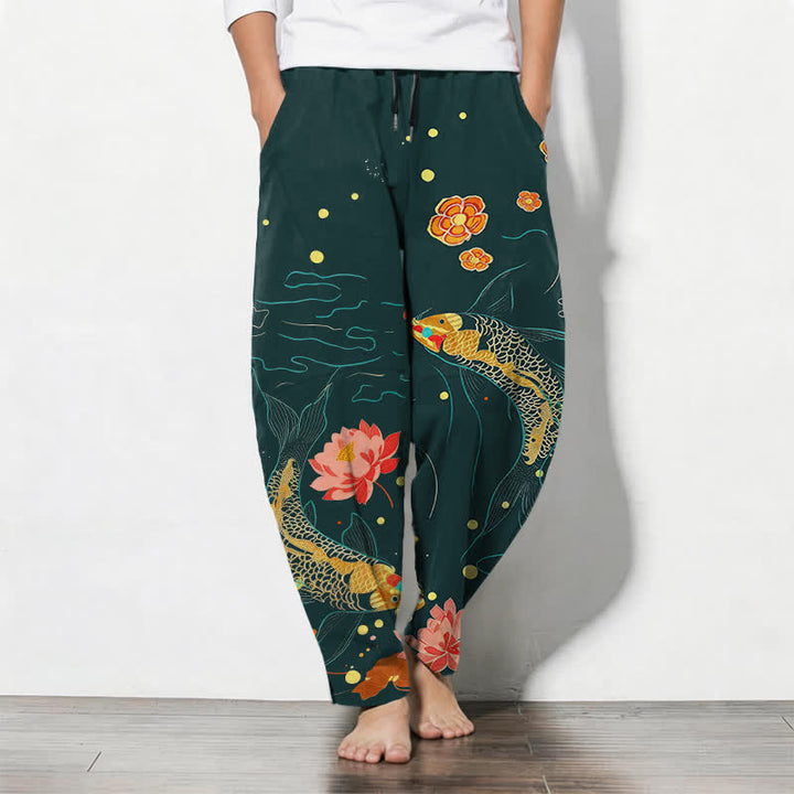 Buddha Stones Pantalon fuselé pour homme en pur coton, motif vagues de lotus et carpes koï dorées, cordon de serrage et poches - Sarcelle - US/UK/AU50，EU60 (5XL) - image 7