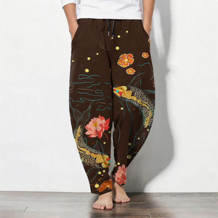 Buddha Stones Pantalon fuselé pour homme en pur coton, motif vagues de lotus et carpes koï dorées, cordon de serrage et poches - SaddleBrown - US/UK/AU50，EU60 (5XL) - image 11