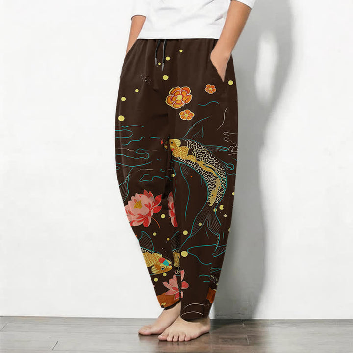 Buddha Stones Pantalon fuselé pour homme en pur coton, motif vagues de lotus et carpes koï dorées, cordon de serrage et poches - image 12