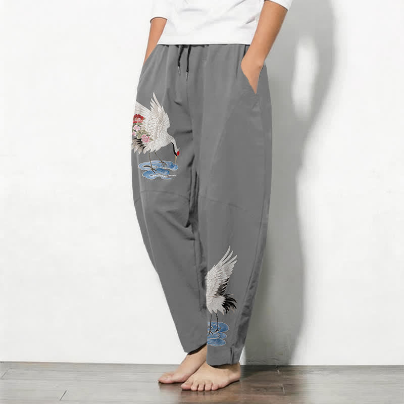 Buddha Stones Pantalon fuselé pour homme en pur coton rouge à motif de grue couronnée et cordon de serrage, avec poches - image 8