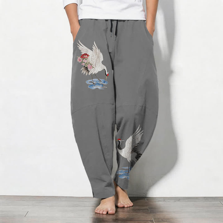 Buddha Stones Pantalon fuselé pour homme en pur coton rouge à motif de grue couronnée et cordon de serrage, avec poches - Gris - US/UK/AU50，EU60 (5XL) - image 7