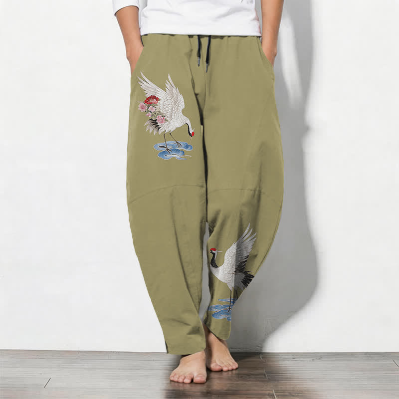 Buddha Stones Pantalon fuselé pour homme en pur coton rouge à motif de grue couronnée et cordon de serrage, avec poches - Olive - US/UK/AU50，EU60 (5XL) - image 11
