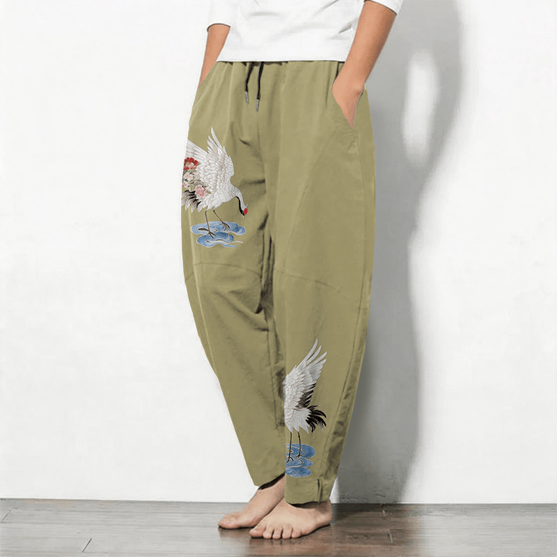 Buddha Stones Pantalon fuselé pour homme en pur coton rouge à motif de grue couronnée et cordon de serrage, avec poches - image 12