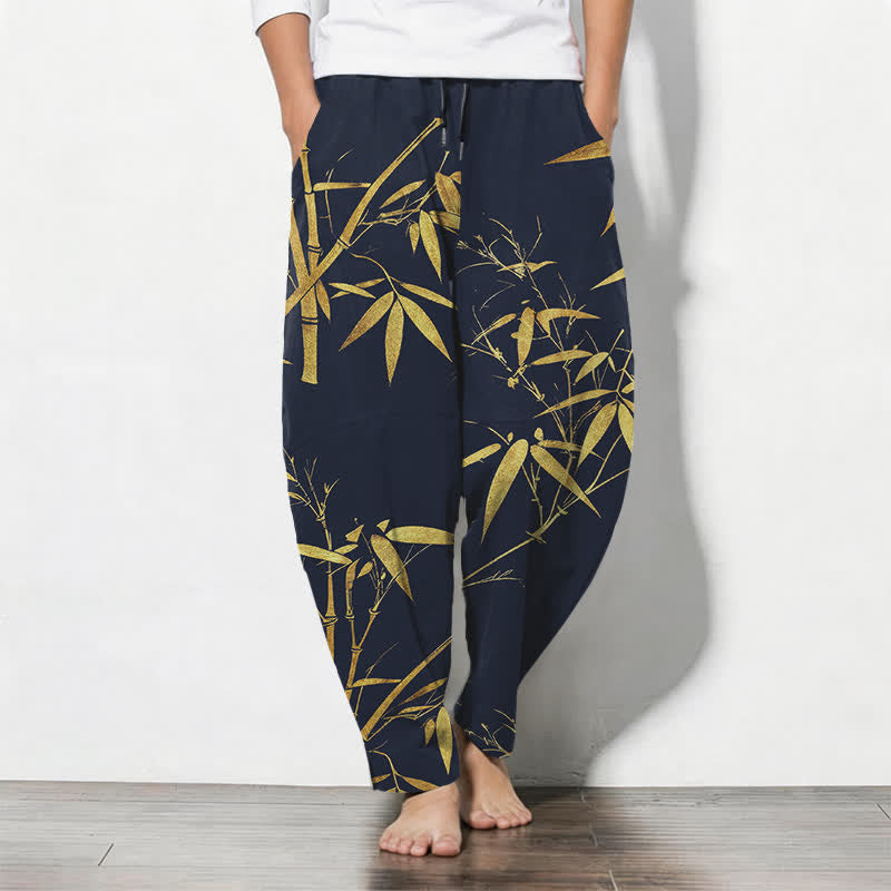Buddha Stones Pantalon fuselé pour homme en pur coton, motif bambou doré, cordon de serrage et poches - Marine - US/UK/AU50，EU60 (5XL) - image 0