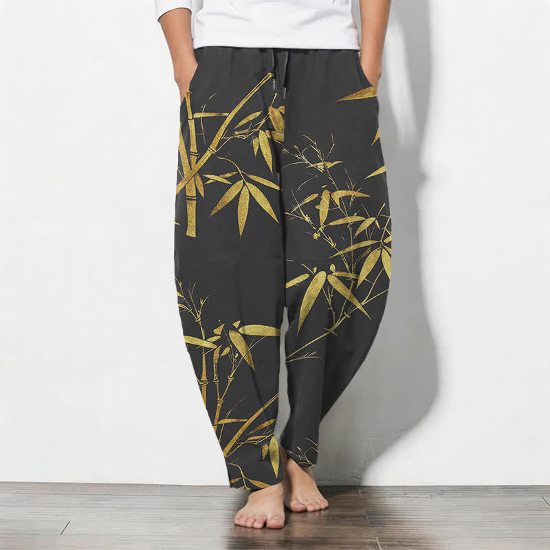 Buddha Stones Pantalon fuselé pour homme en pur coton, motif bambou doré, cordon de serrage et poches - Noir - US/UK/AU50，EU60 (5XL) - image 7