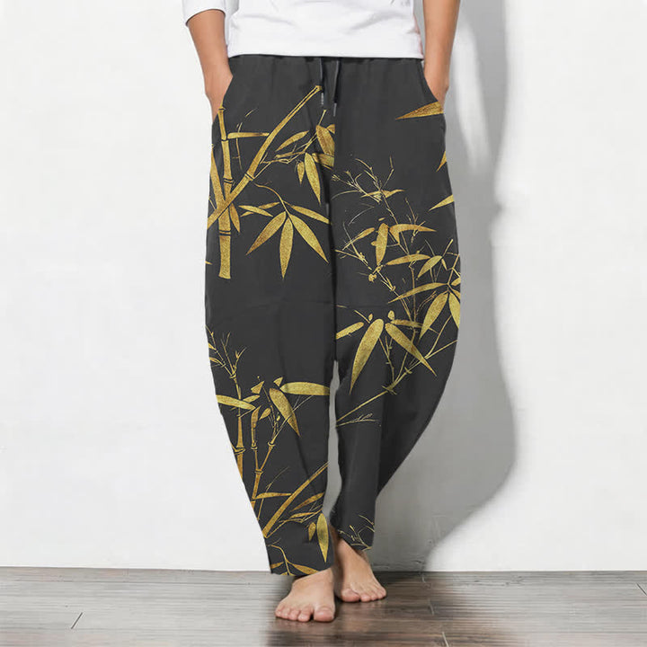 Buddha Stones Pantalon fuselé pour homme en pur coton, motif bambou doré, cordon de serrage et poches - Noir - US/UK/AU50，EU60 (5XL) - image 7