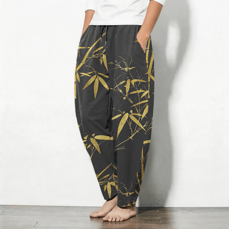 Buddha Stones Pantalon fuselé pour homme en pur coton, motif bambou doré, cordon de serrage et poches - image 8