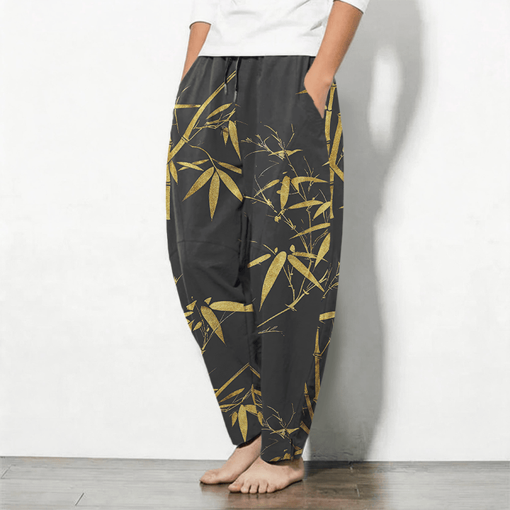 Buddha Stones Pantalon fuselé pour homme en pur coton, motif bambou doré, cordon de serrage et poches - image 8