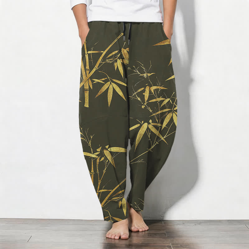 Buddha Stones Pantalon fuselé pour homme en pur coton, motif bambou doré, cordon de serrage et poches - Vert olive foncé - US/UK/AU50，EU60 (5XL) - image 11