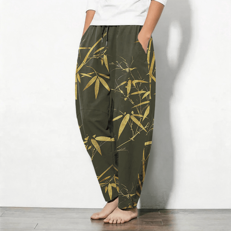 Buddha Stones Pantalon fuselé pour homme en pur coton, motif bambou doré, cordon de serrage et poches - image 12