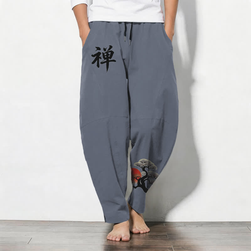 Buddha Stones Pantalon fuselé pour homme en pur coton, motif coucher de soleil zen bonsaï, cordon de serrage et poches - Gris ardoise - US/UK/AU50，EU60 (5XL) - image 0