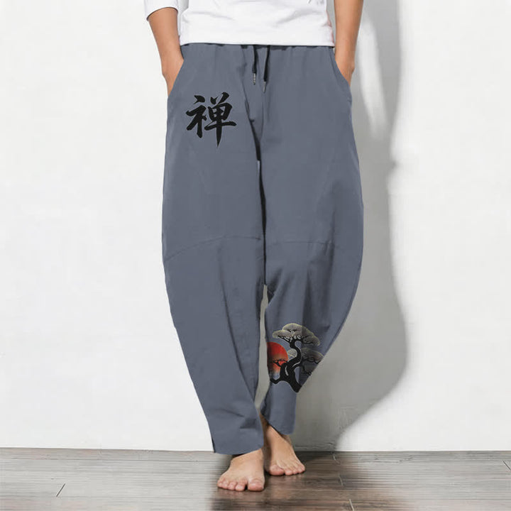 Buddha Stones Pantalon fuselé pour homme en pur coton, motif coucher de soleil zen bonsaï, cordon de serrage et poches - Gris ardoise - US/UK/AU50，EU60 (5XL) - image 0