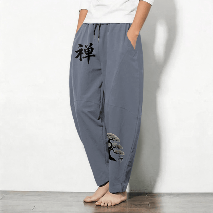 Buddha Stones Pantalon fuselé pour homme en pur coton, motif coucher de soleil zen bonsaï, cordon de serrage et poches - image 1