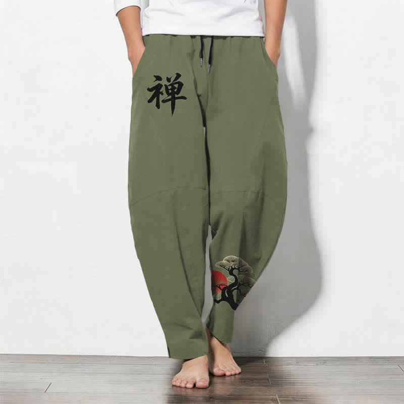 Buddha Stones Pantalon fuselé pour homme en pur coton, motif coucher de soleil zen bonsaï, cordon de serrage et poches - Vert olive - US/UK/AU50，EU60 (5XL) - image 7