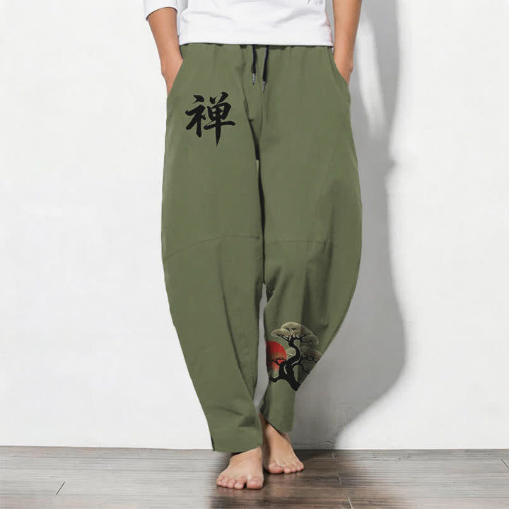 Buddha Stones Pantalon fuselé pour homme en pur coton, motif coucher de soleil zen bonsaï, cordon de serrage et poches - Vert olive - US/UK/AU50，EU60 (5XL) - image 7