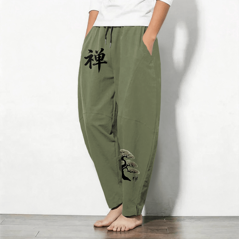 Buddha Stones Pantalon fuselé pour homme en pur coton, motif coucher de soleil zen bonsaï, cordon de serrage et poches - image 8