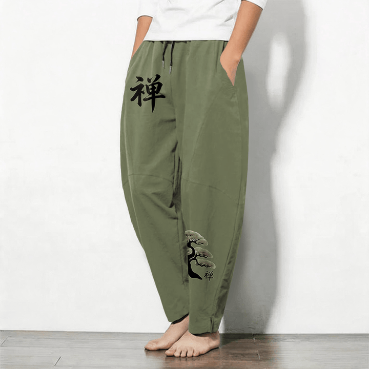 Buddha Stones Pantalon fuselé pour homme en pur coton, motif coucher de soleil zen bonsaï, cordon de serrage et poches - image 8