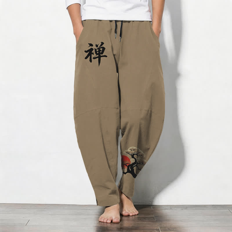 Buddha Stones Pantalon fuselé pour homme en pur coton, motif coucher de soleil zen bonsaï, cordon de serrage et poches - Tanné - US/UK/AU50，EU60 (5XL) - image 11