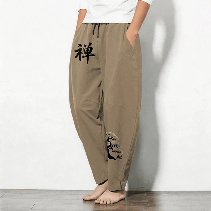 Buddha Stones Pantalon fuselé pour homme en pur coton, motif coucher de soleil zen bonsaï, cordon de serrage et poches - image 12